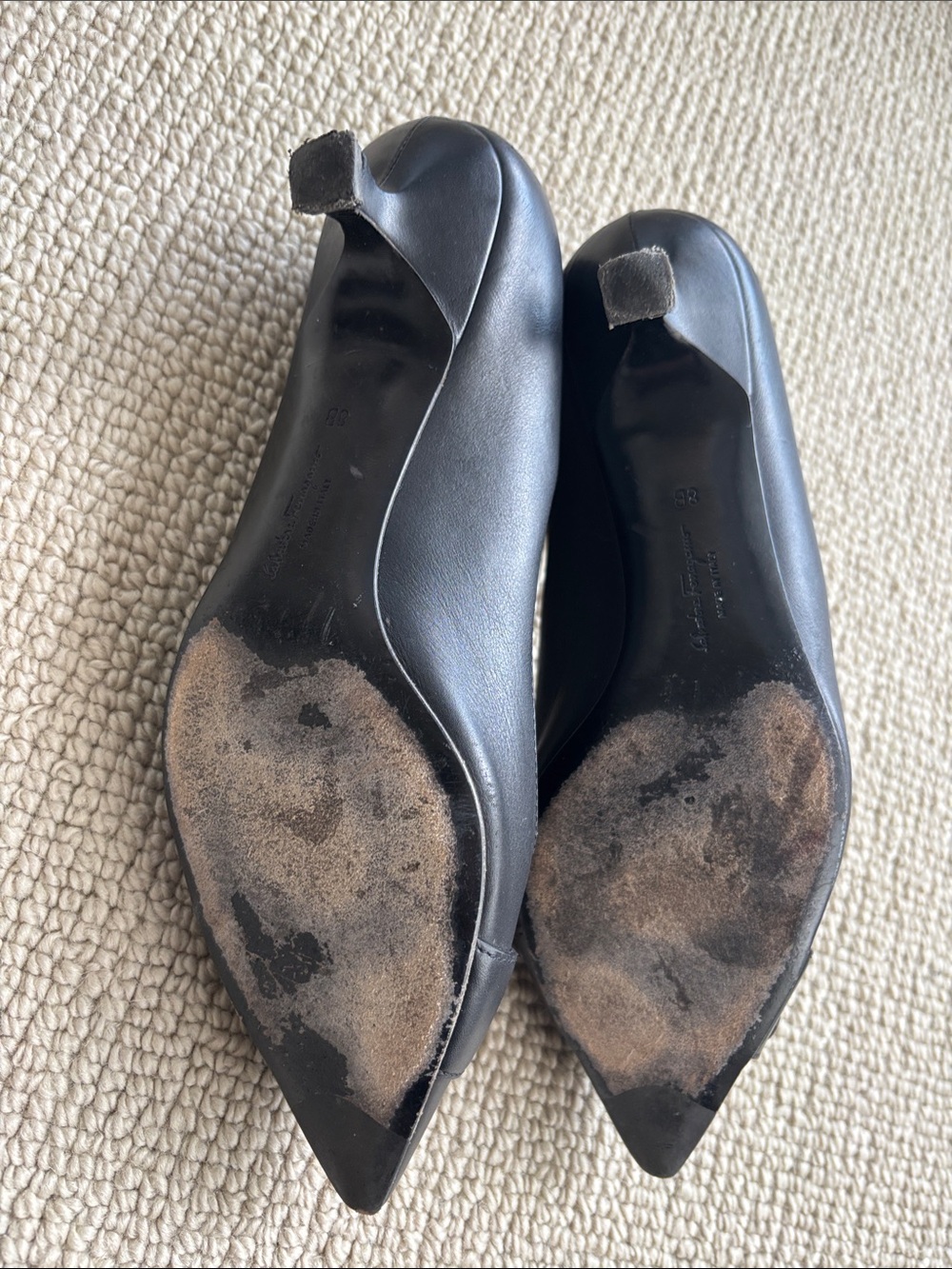 Salvatore Ferragamo Black Pointed Leather Flats with Gold Circular Buckle Accent - Picture 6 of 7
